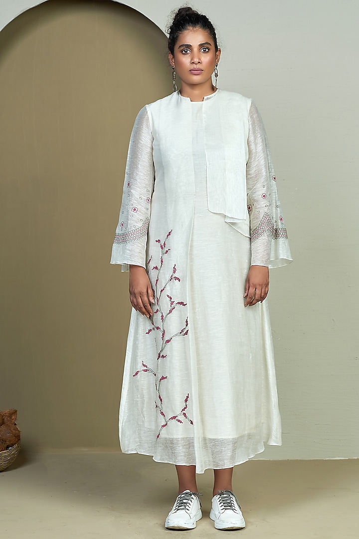 Ivory Chanderi Embroidered Tunic by 1999AD By Amita & Deepak