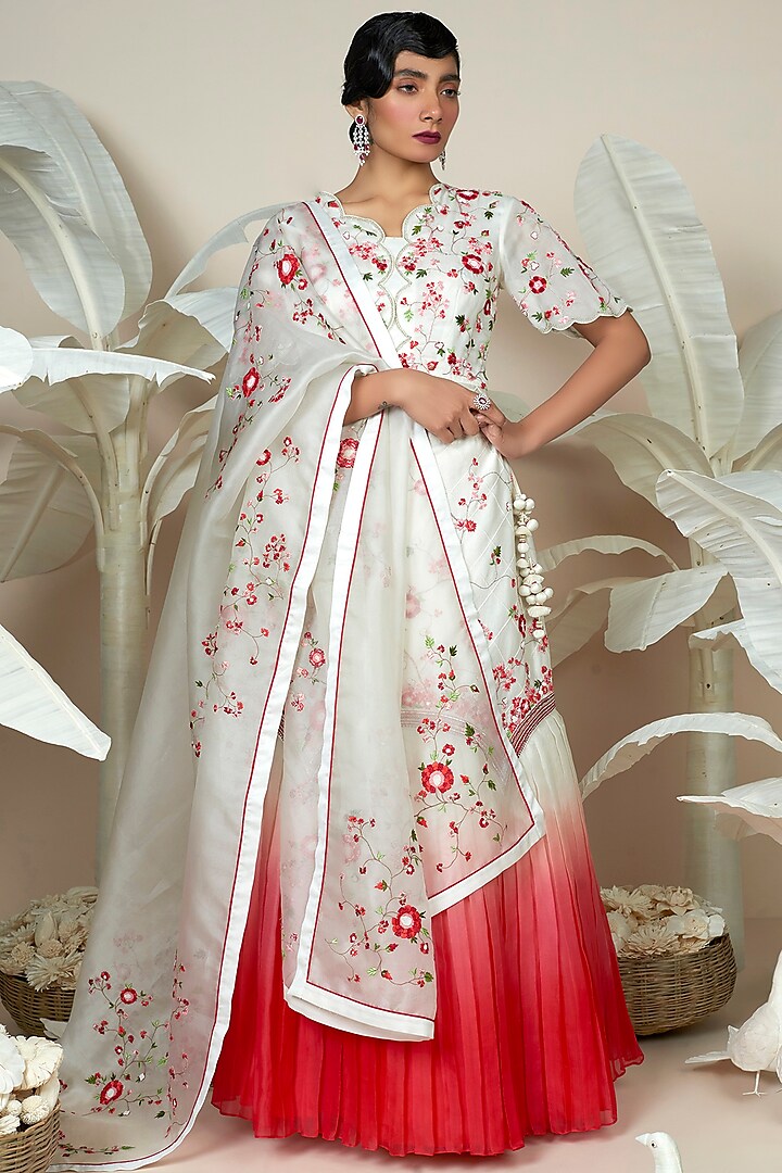 White & Red Embroidered Wedding Lehenga Set by 1999AD By Amita & Deepak at Pernia's Pop Up Shop