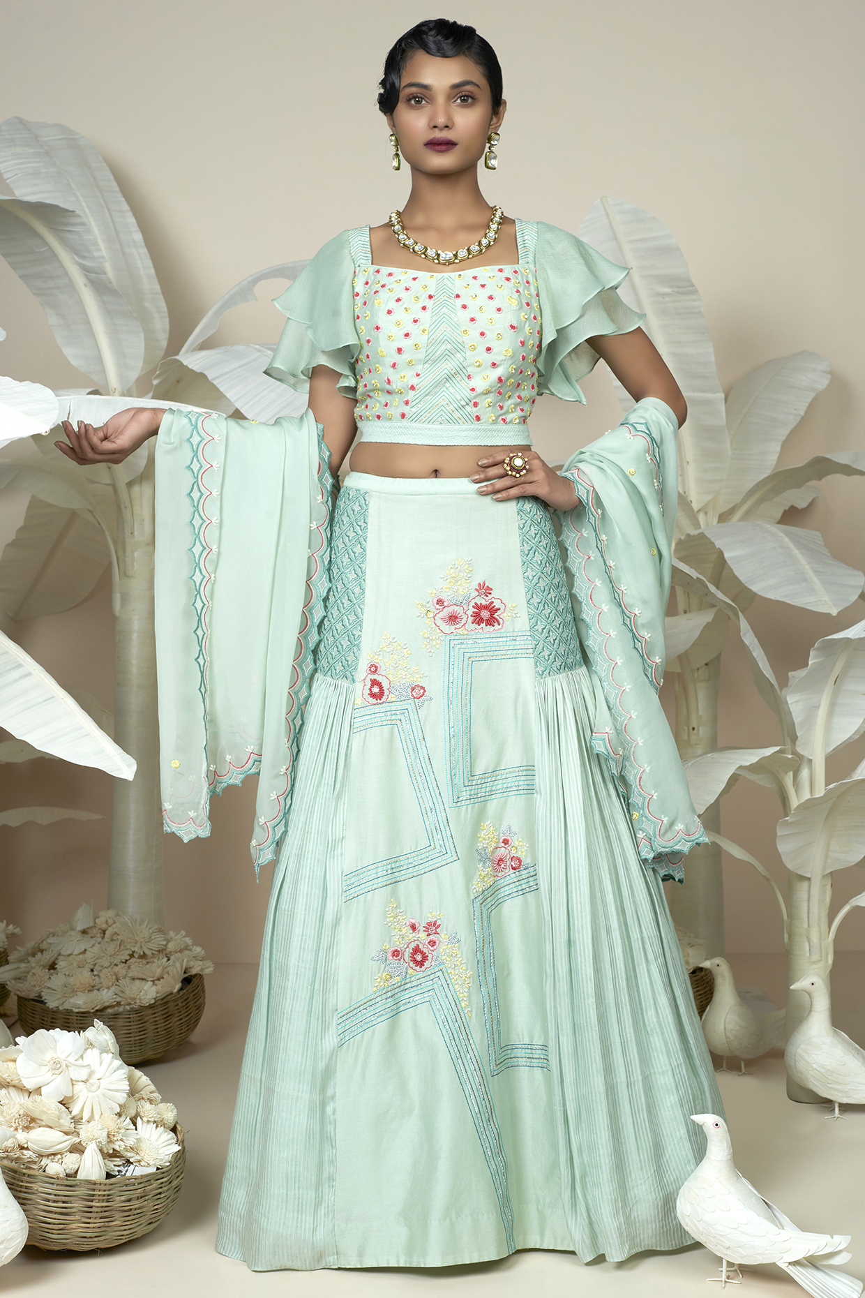 Pale Green Embroidered Wedding Lehenga Set by 1999AD By Amita & Deepak at Pernia's Pop Up Shop