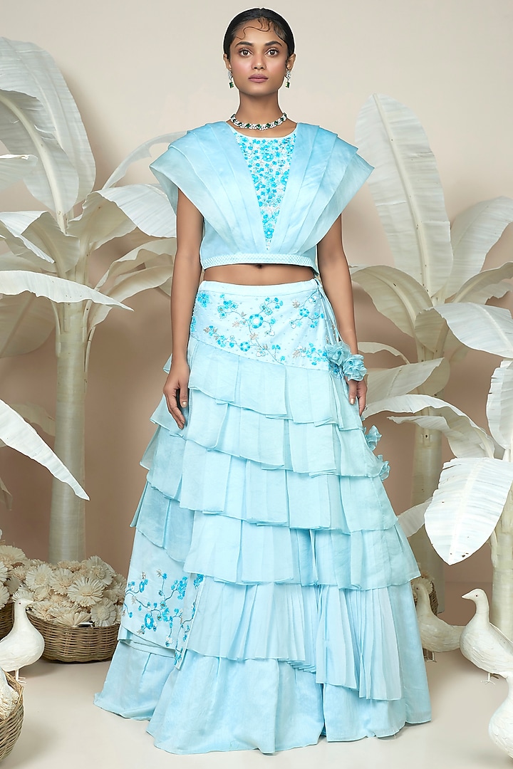 Powder Blue Embroidered Wedding Lehenga Set by 1999AD By Amita & Deepak at Pernia's Pop Up Shop