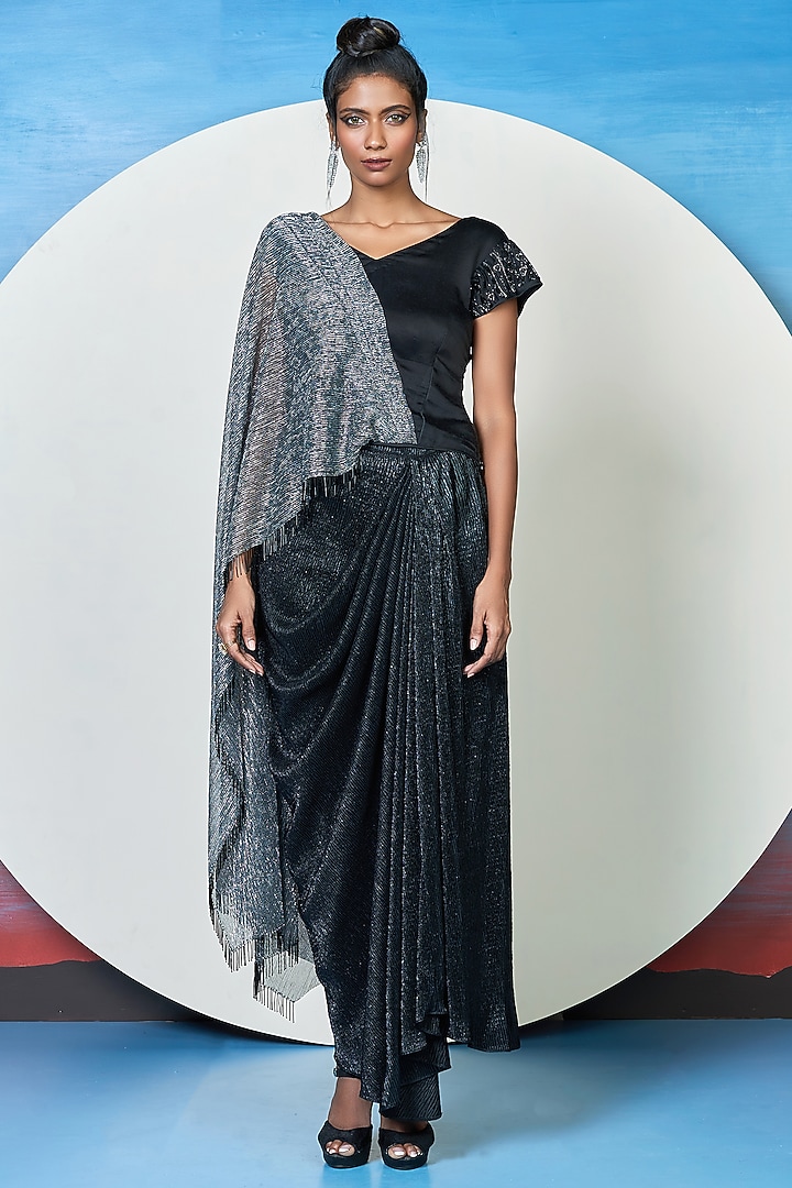 Metallic Black Satin Skirt Set by 1999AD By Amita & Deepak at Pernia's Pop Up Shop