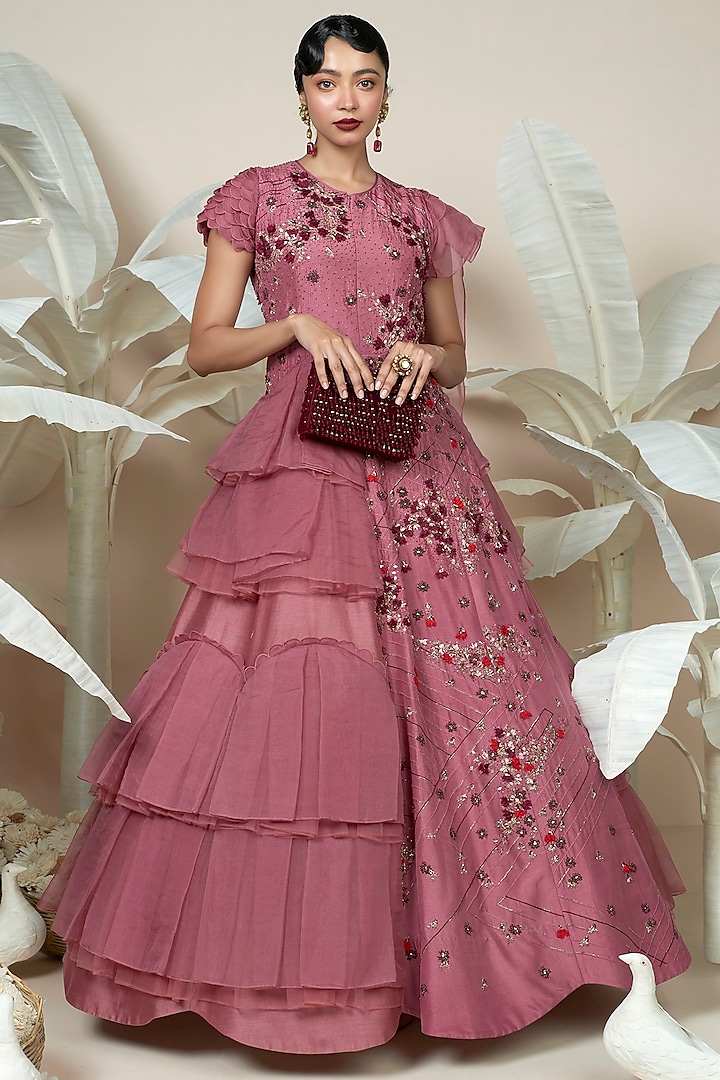 Rose Pink Embroidered Gown by 1999AD By Amita & Deepak