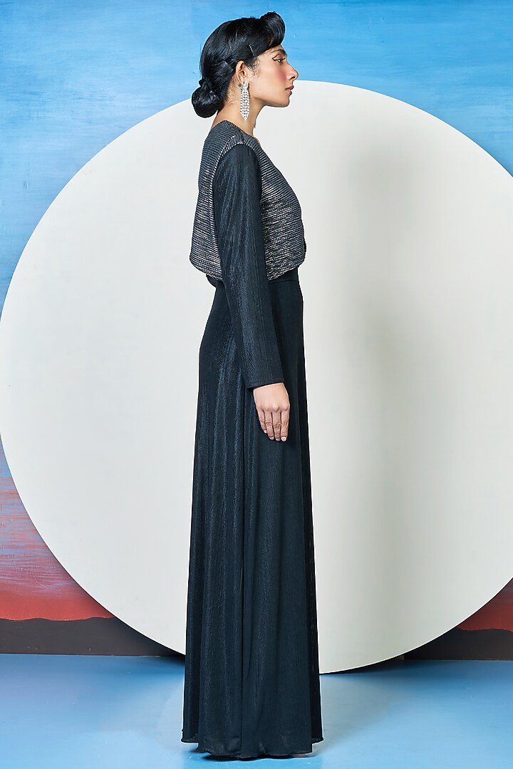 Metallic Silver & Black Satin Gown by 1999AD By Amita & Deepak at Pernia's Pop Up Shop
