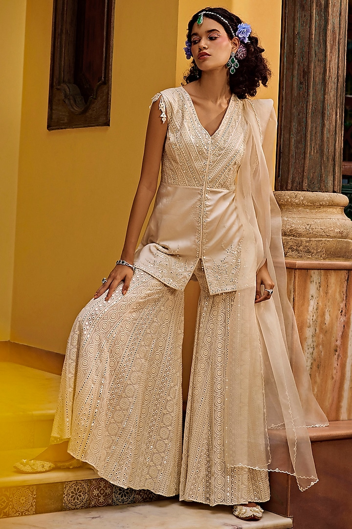 Off-White Georgette Abla Embroidered Sharara Set by 1999AD By Amita & Deepak