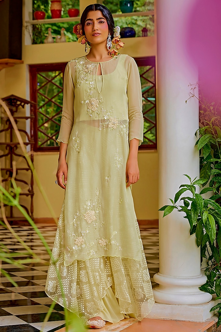 Light Yellow Georgette Thread Embroidered Sharara Set by 1999AD By Amita & Deepak