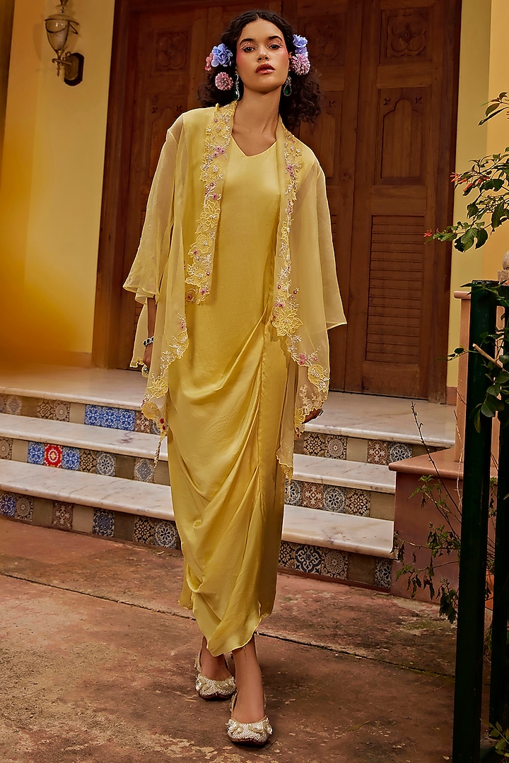 Yellow Organza & Modal Satin Thread Embroidered Jacket Dress by 1999AD By Amita & Deepak