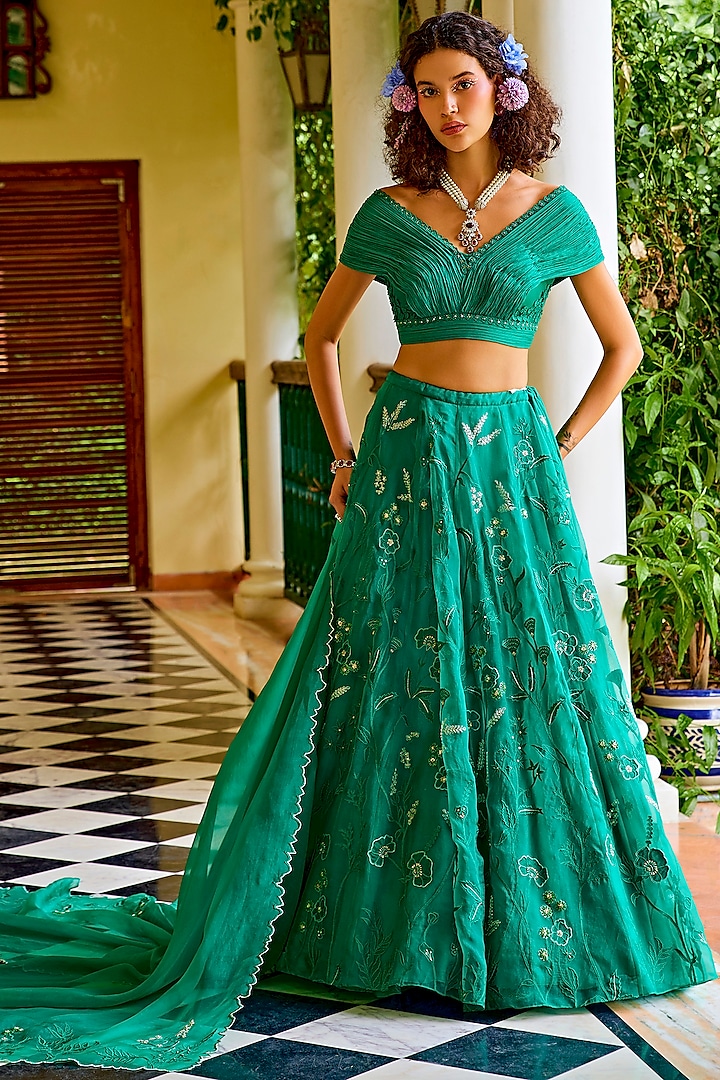 Forest Green Organza Applique Embroidered Lehenga Set by 1999AD By Amita & Deepak