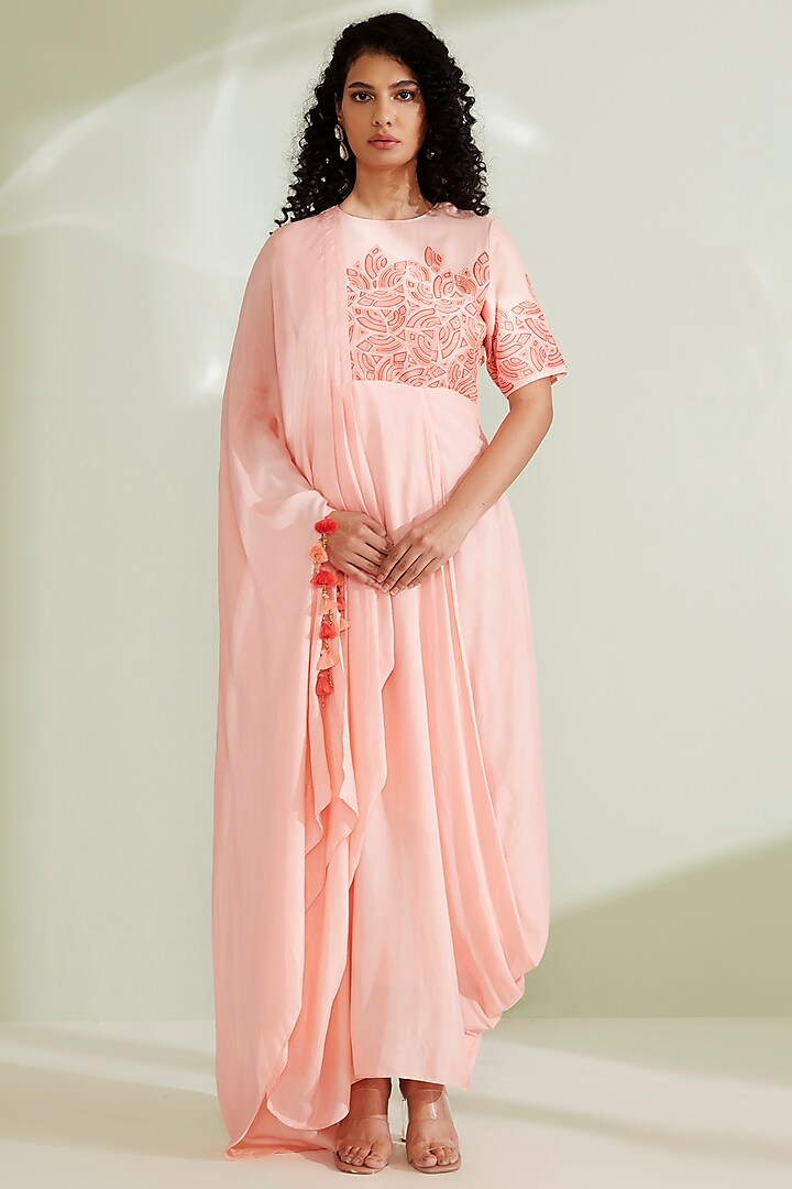 Peach Embroidered Draped Gown by 1999AD By Amita & Deepak