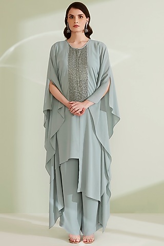 Grey Embroidered Ruffled Kaftan Set by 1999AD By Amita & Deepak