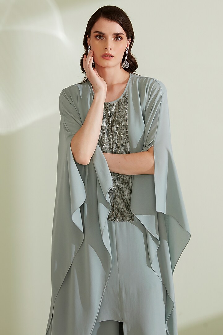 Grey Embroidered Ruffled Kaftan Set by 1999AD By Amita & Deepak at Pernia's Pop Up Shop