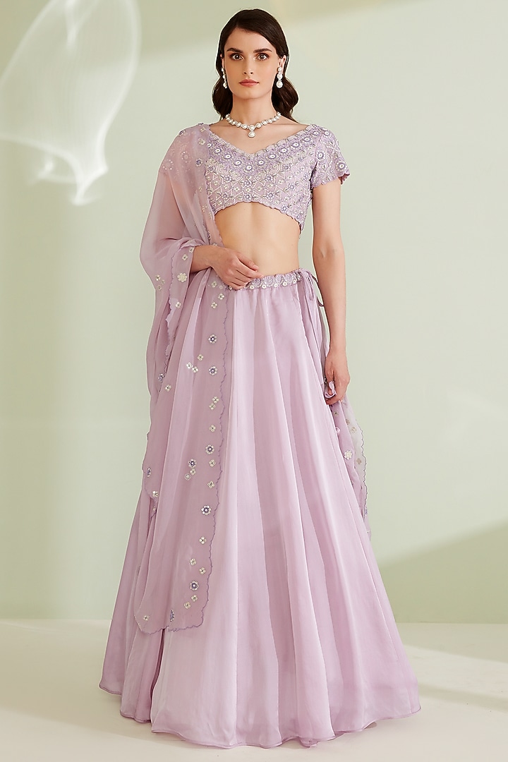Lavender Satin Organza Kalidar Wedding Lehenga Set by 1999AD By Amita & Deepak at Pernia's Pop Up Shop