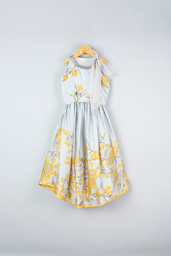 Grey Floral Printed Lehenga Set For Girls by Adah Kidswear