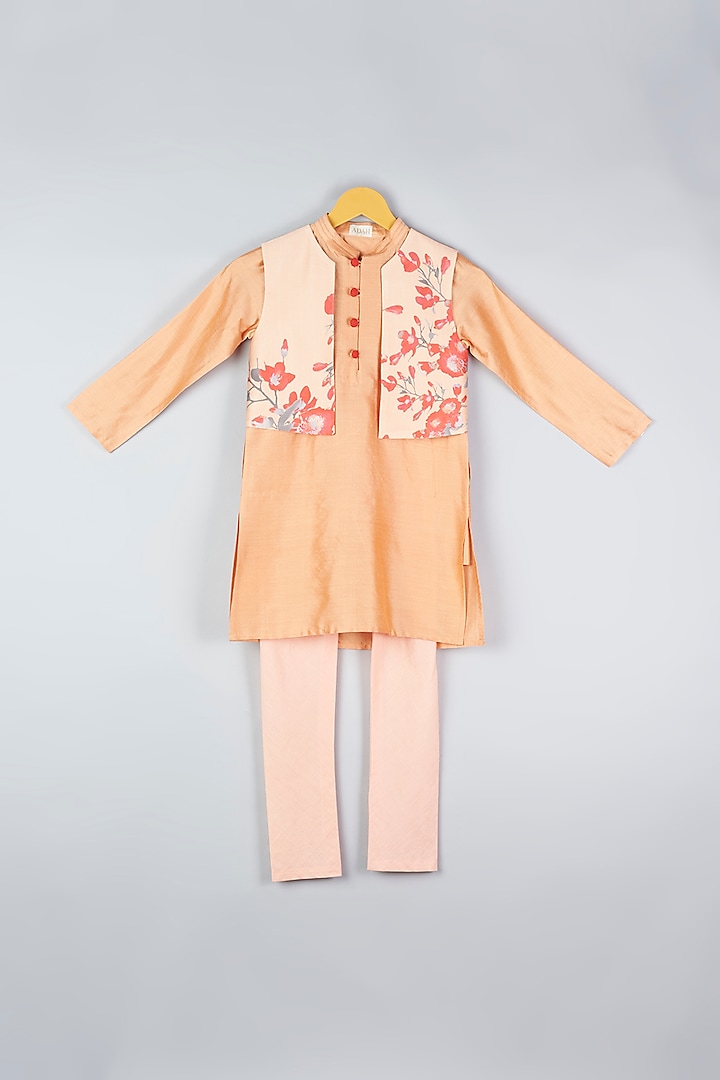 Peach Printed Nehru Jacket With Kurta Set For Boys by Adah Kidswear