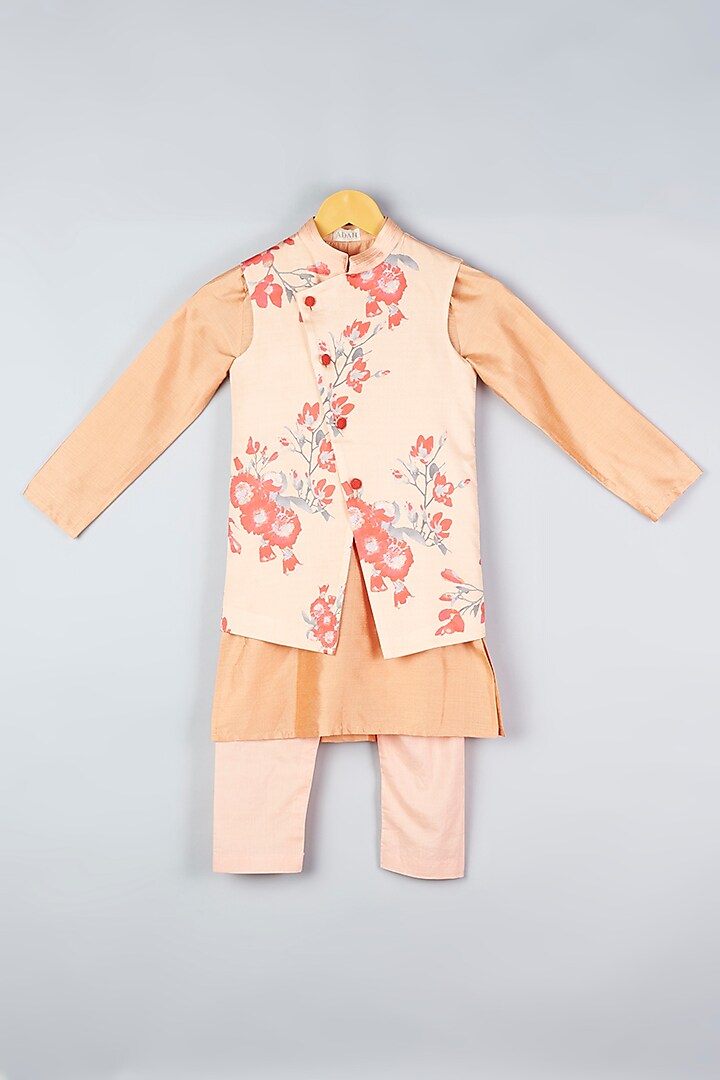 Peach Nehru Jacket With Kurta Set For Boys by Adah Kidswear