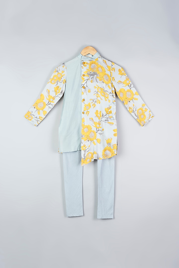 Grey Floral Printed Kurta Set For Boys by Adah Kidswear