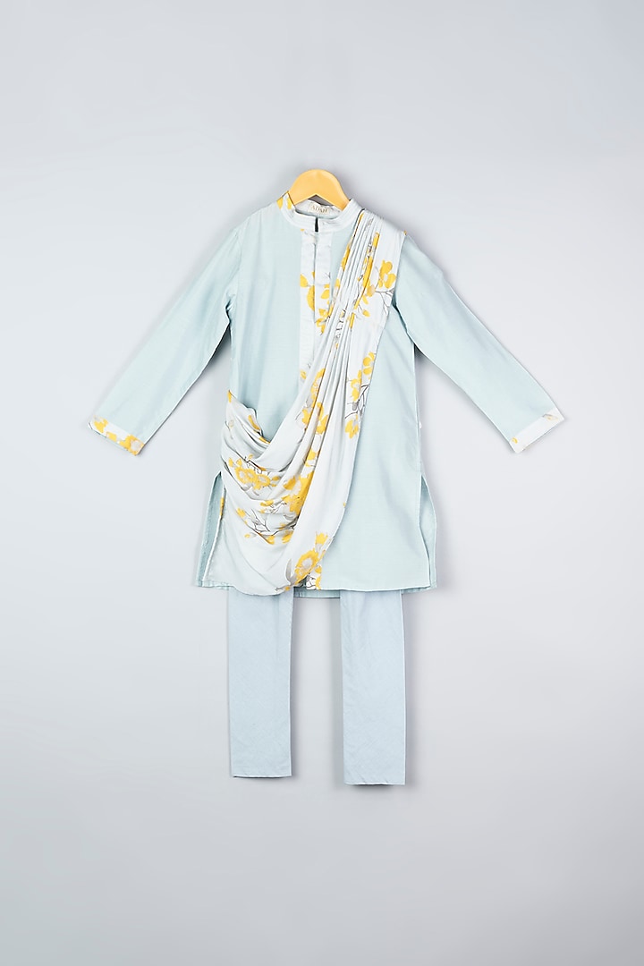 Grey Floral Printed Draped Kurta Set For Boys by Adah Kidswear