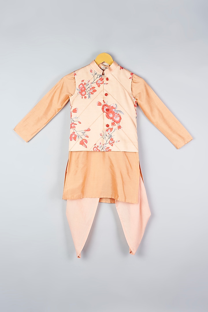 Peach Kurta Set With Bundi Jacket For Boys by Adah Kidswear