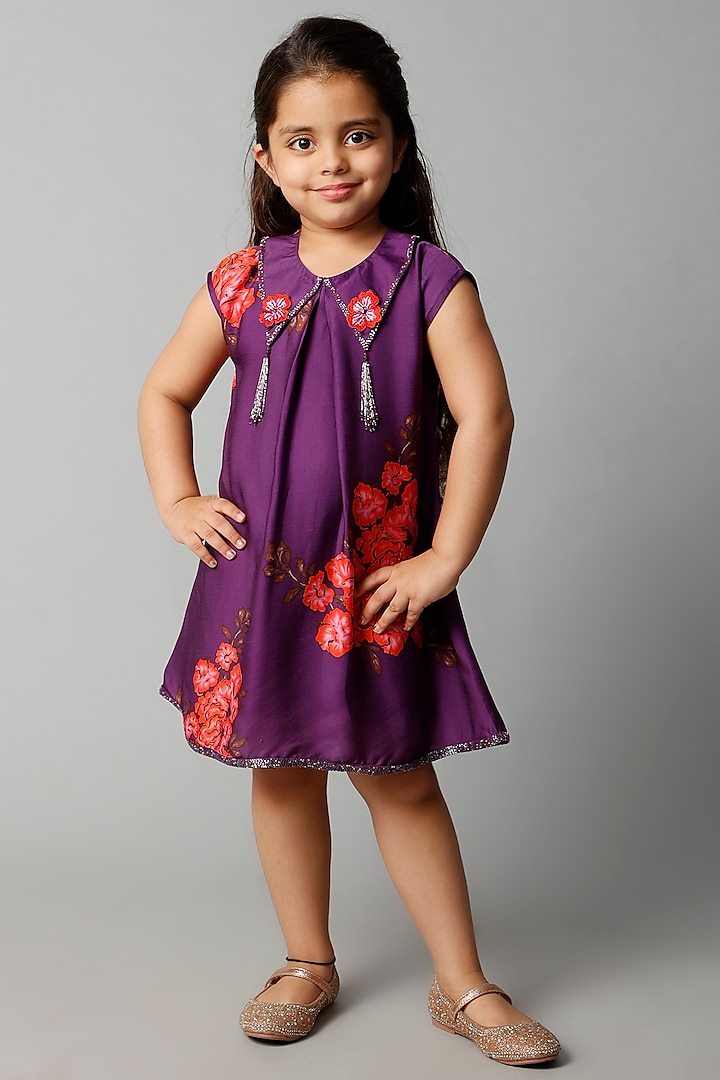 Midnight Purple Printed Dress For Girls by Adah Kidswear