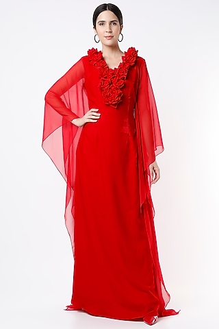 Red Hand-Sewn Rose Gown by Ada Malik