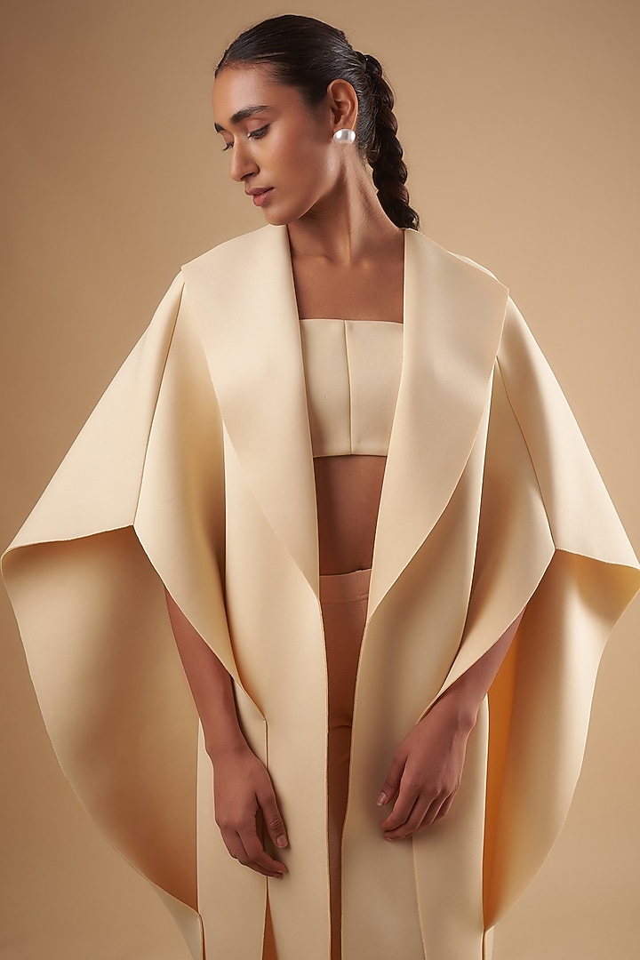 Beige Neoprene Origami Stuctured Jacket With Bralette by Ada Malik at Pernia's Pop Up Shop