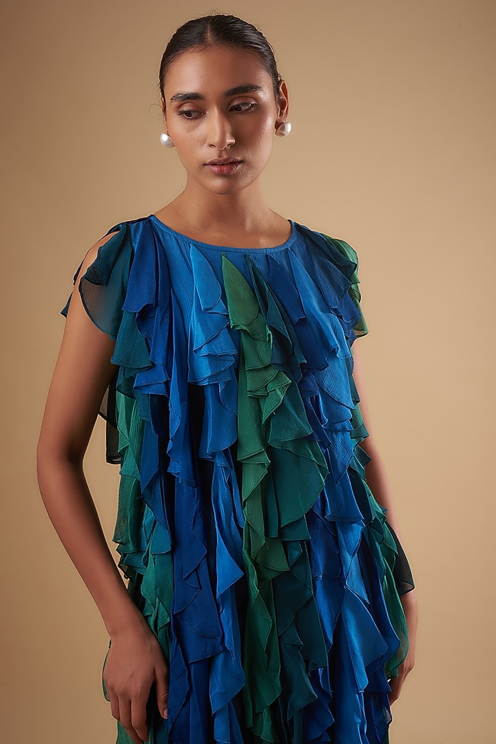 Blue Shaded Georgette Ruffled Summer Dress by Ada Malik at Pernia's Pop Up Shop