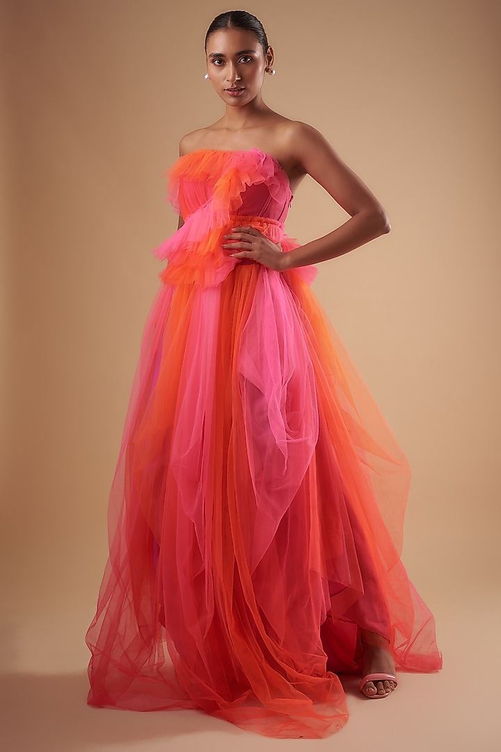 Pink Net & Satin Sorbet Party Wear Gown by Ada Malik at Pernia's Pop Up Shop