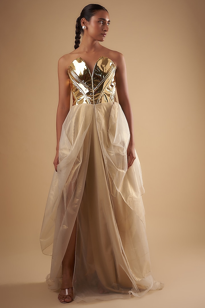 Golden Shimmer Organza Gown by Ada Malik