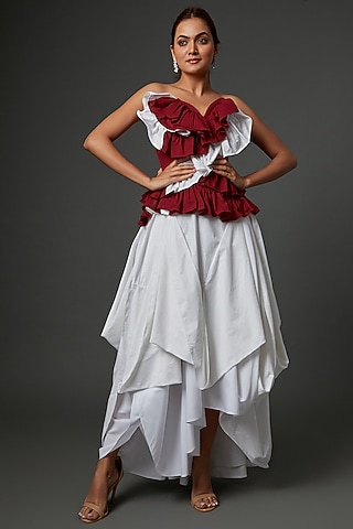 White & Red Khadi Floral Gown by Ada Malik