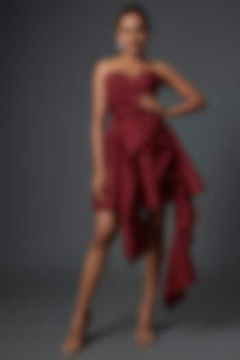 Red Khadi Asymmetrical Gown by Ada Malik