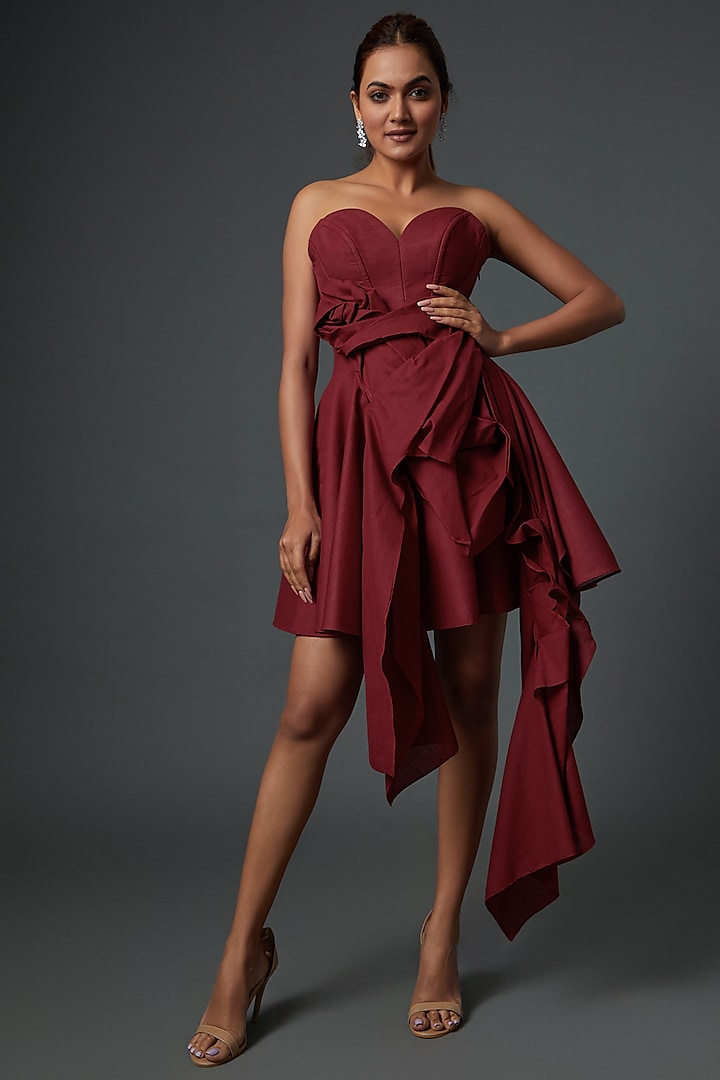 Red Khadi Asymmetrical Gown by Ada Malik