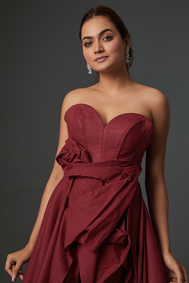 Red Khadi Asymmetrical Gown by Ada Malik at Pernia's Pop Up Shop