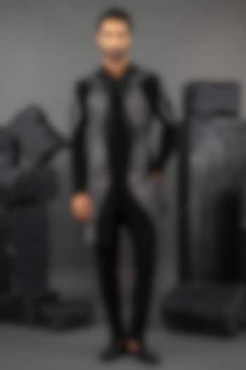 Black Japanese Fabric Metallic Chain Work Wedding Indowestern Set by ADANI at Pernia's Pop Up Shop