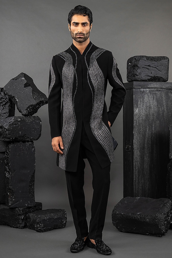 Black Japanese Fabric Metallic Chain Work Wedding Indowestern Set by ADANI at Pernia's Pop Up Shop