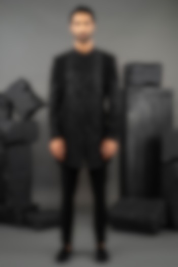 Black Japanese Fabric Embroidered Groom Indowestern Set by ADANI at Pernia's Pop Up Shop