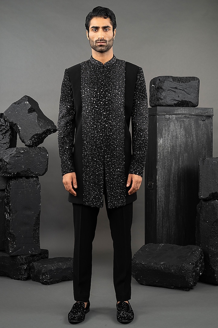 Black Japanese Fabric Embroidered Groom Indowestern Set by ADANI at Pernia's Pop Up Shop