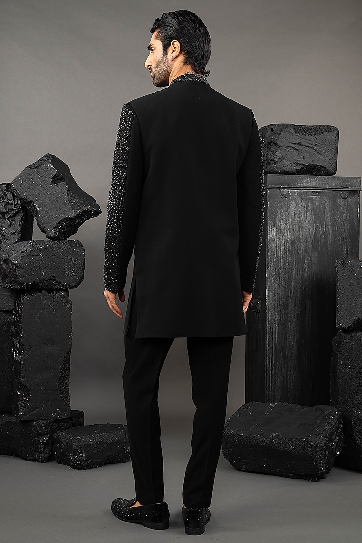 Black Japanese Fabric Embroidered Groom Indowestern Set by ADANI at Pernia's Pop Up Shop