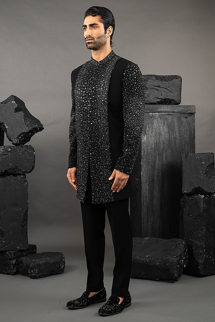 Black Japanese Fabric Embroidered Groom Indowestern Set by ADANI at Pernia's Pop Up Shop