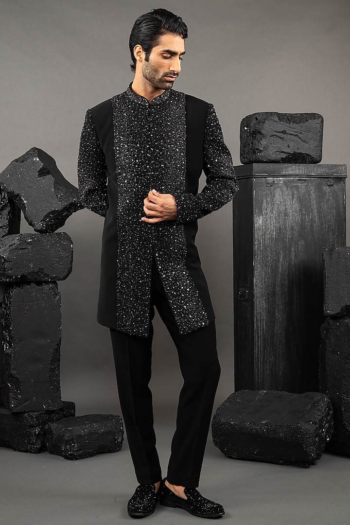 Black Japanese Fabric Embroidered Groom Indowestern Set by ADANI at Pernia's Pop Up Shop