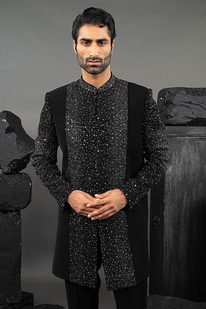 Black Japanese Fabric Embroidered Groom Indowestern Set by ADANI at Pernia's Pop Up Shop
