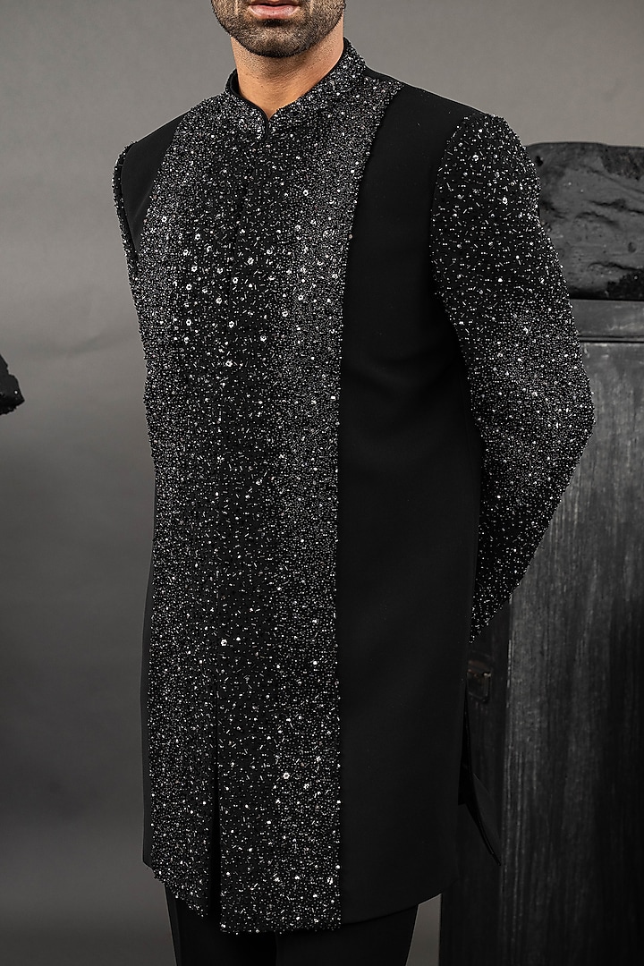 Black Japanese Fabric Embroidered Groom Indowestern Set by ADANI at Pernia's Pop Up Shop