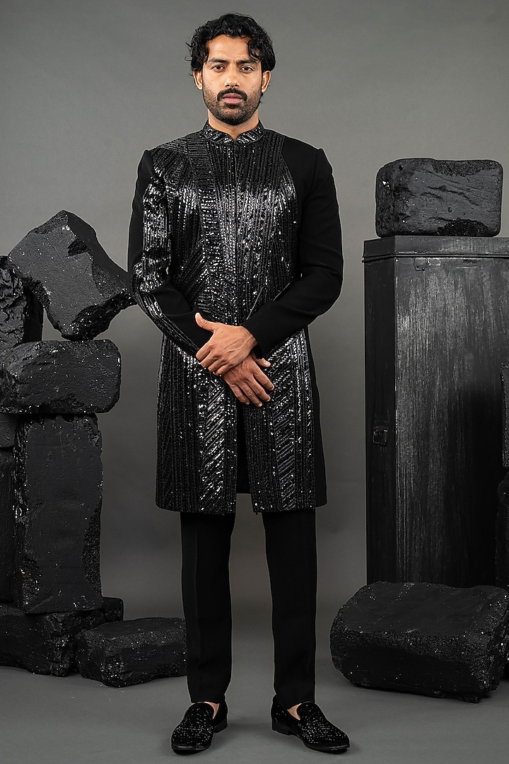 Black Japanese Fabric Beadwork Groom Indowestern Set by ADANI at Pernia's Pop Up Shop