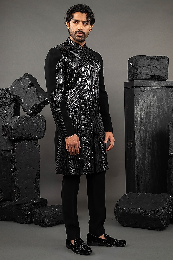 Black Japanese Fabric Beadwork Groom Indowestern Set by ADANI at Pernia's Pop Up Shop