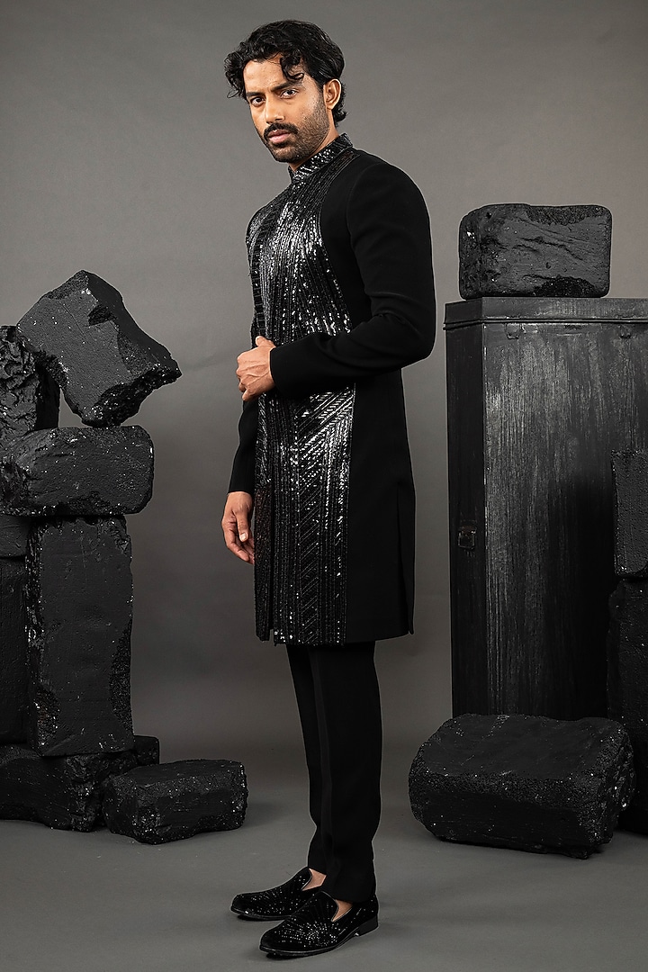 Black Japanese Fabric Beadwork Groom Indowestern Set by ADANI at Pernia's Pop Up Shop