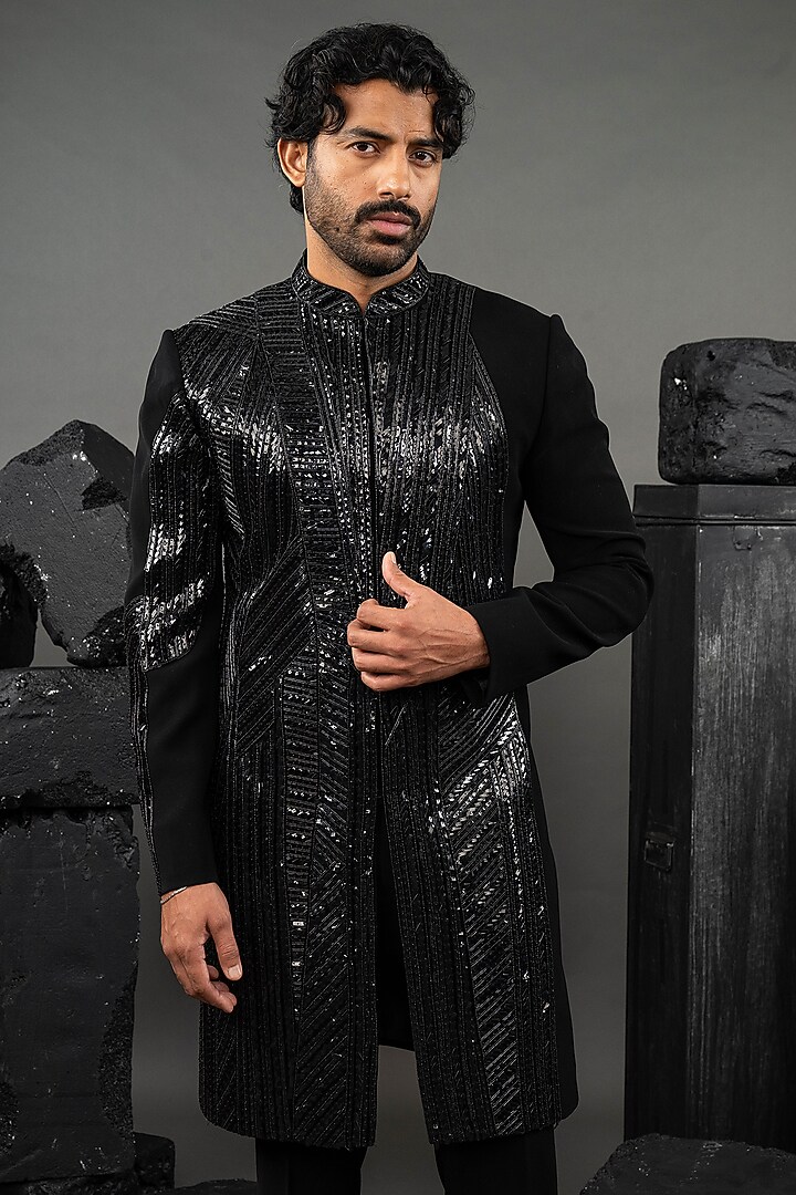Black Japanese Fabric Beadwork Groom Indowestern Set by ADANI at Pernia's Pop Up Shop