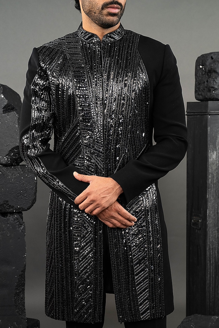 Black Japanese Fabric Beadwork Groom Indowestern Set by ADANI at Pernia's Pop Up Shop