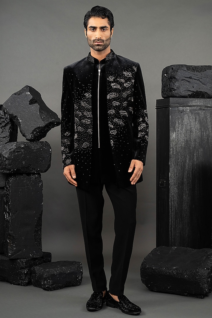 Black Japanese Fabric Beadwork Open-Wedding Indowestern Set by ADANI at Pernia's Pop Up Shop