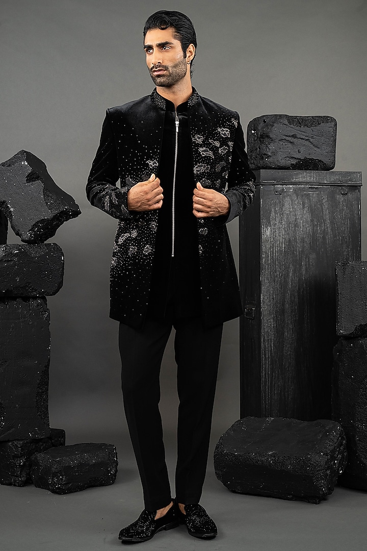 Black Japanese Fabric Beadwork Open-Wedding Indowestern Set by ADANI at Pernia's Pop Up Shop