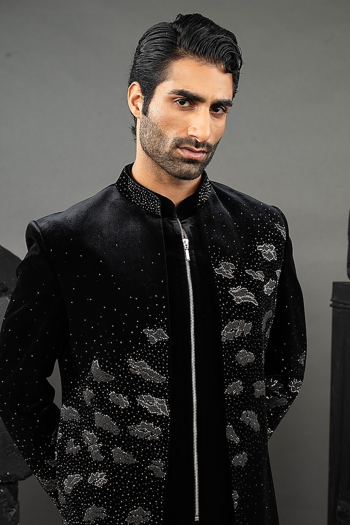 Black Japanese Fabric Beadwork Open-Wedding Indowestern Set by ADANI at Pernia's Pop Up Shop