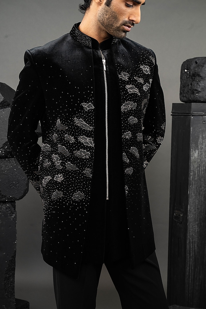 Black Japanese Fabric Beadwork Open-Wedding Indowestern Set by ADANI at Pernia's Pop Up Shop