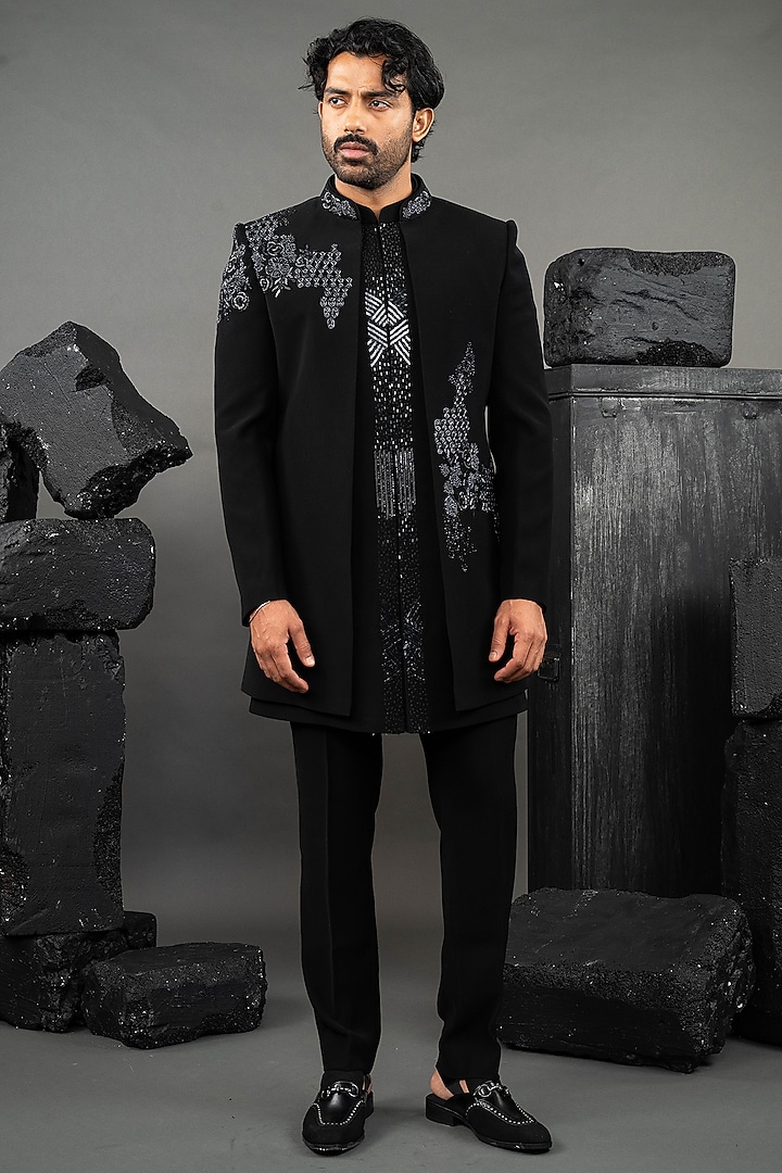 Black Japanese Fabric Beadwork Open-Wedding Indowestern Set by ADANI at Pernia's Pop Up Shop